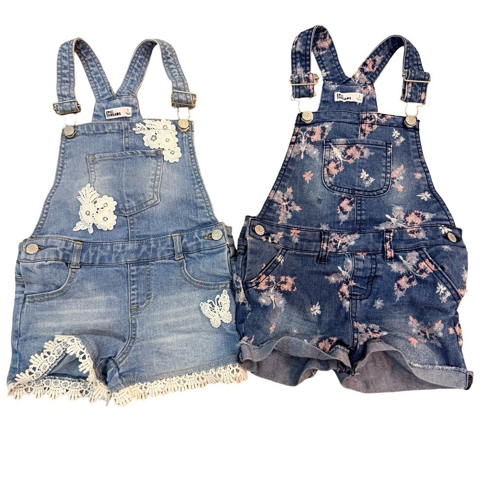 Epic Threads Denim Shortalls Blue Lace Floral Butterfly Overalls Kids Size 5